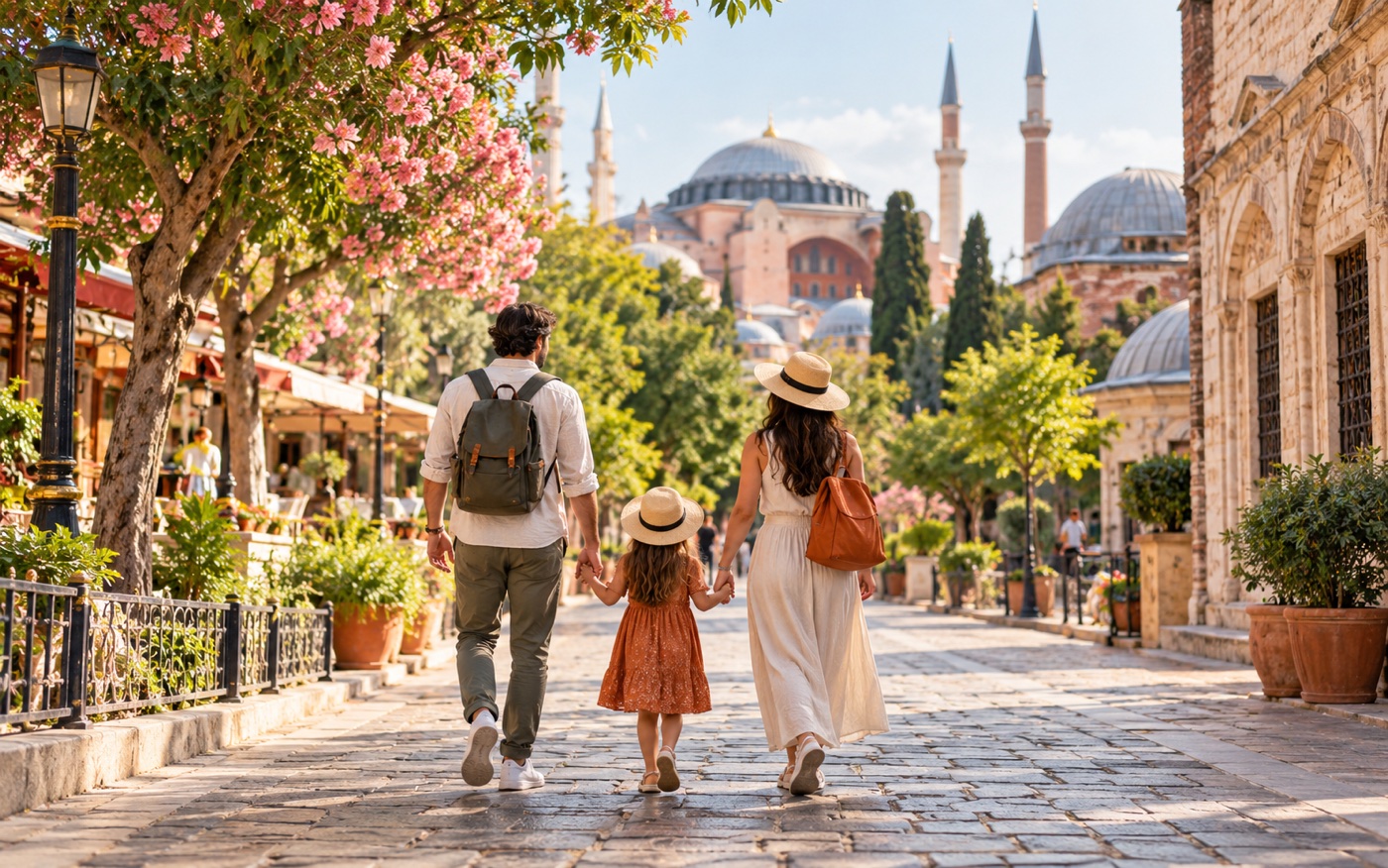 Familie erkundet Istanbul mit kleinem Tagesrucksack und ohne Koffer