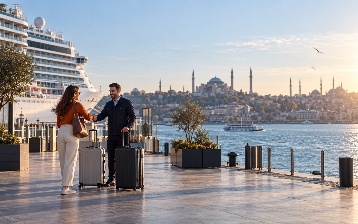Kreuzfahrtgast übergibt Gepäck an der Uferpromenade von Istanbul