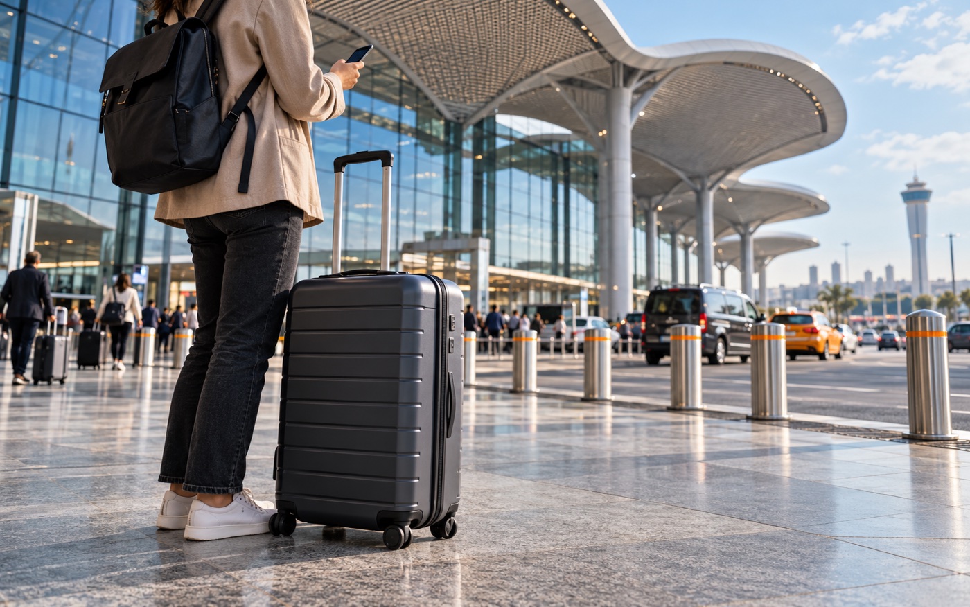 Pasajero con maleta frente a una terminal moderna del aeropuerto de Estambul